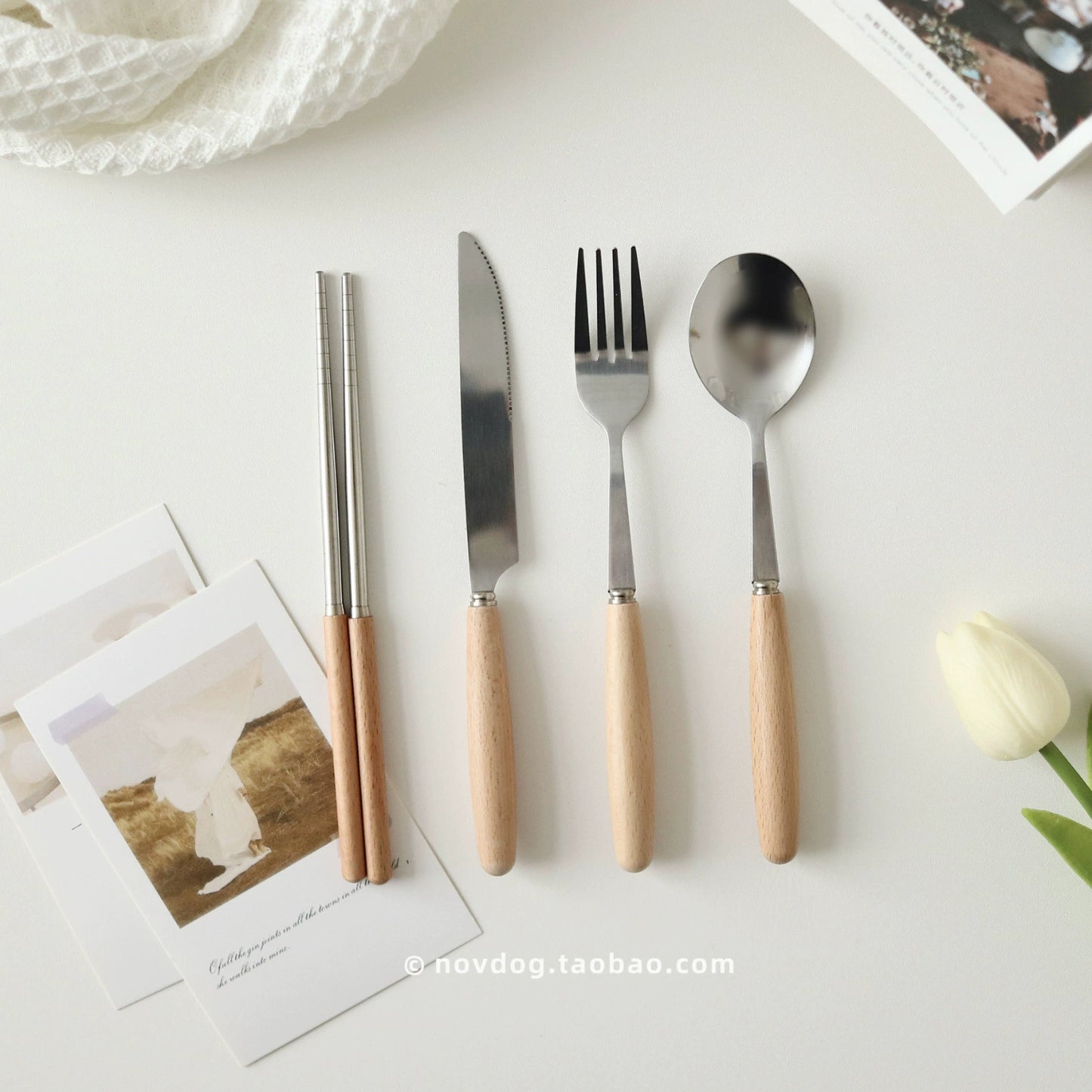 Japanese style ins cutlery knife, fork spoon chopstick set, wooden handle, western cutlery set, stainless steel dinner fork and spoon