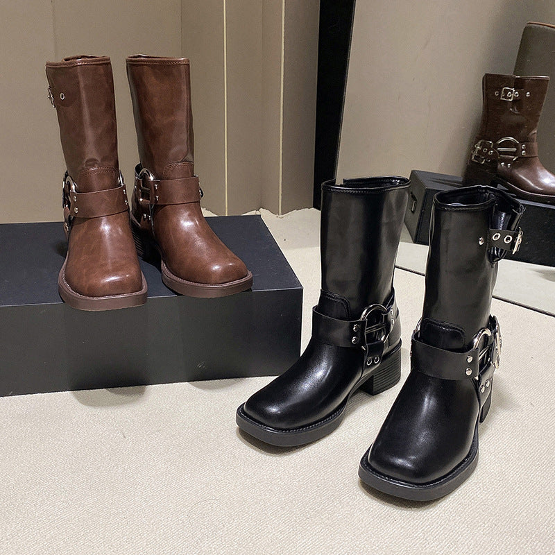 Travel must-wear boots, women's American vintage martin boots, brown high boots, long-cut western cowboy boots, women's boots