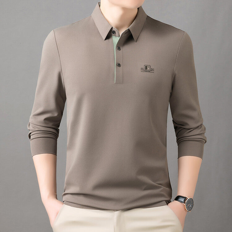 2025 Spring and Autumn Men's Polo Long Sleeve T-Shirt Simple Business Casual Loose Middle-Aged Dad Wear Top Base Shirt
