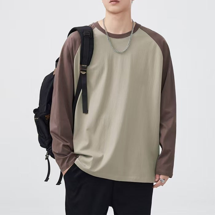 Heavy raglan cotton long sleeve t-shirt men's American contrasting stitching base layer shirt loose crew neck unisex long-sleeved T
