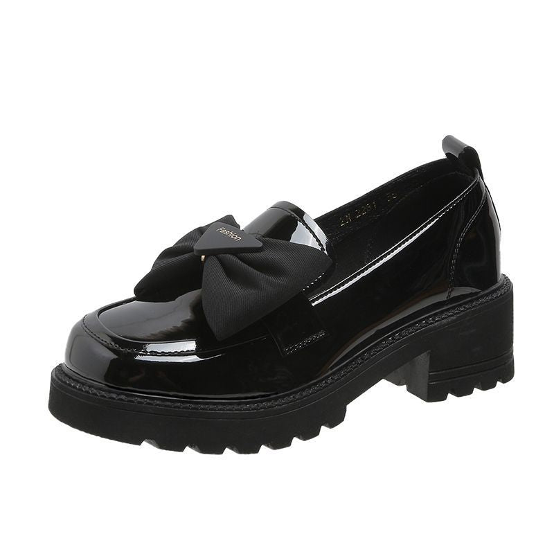 Soft leather single shoes women's platform loafers 2023 new summer mid-heel women's shoes bow shiny leather shoes women's small man