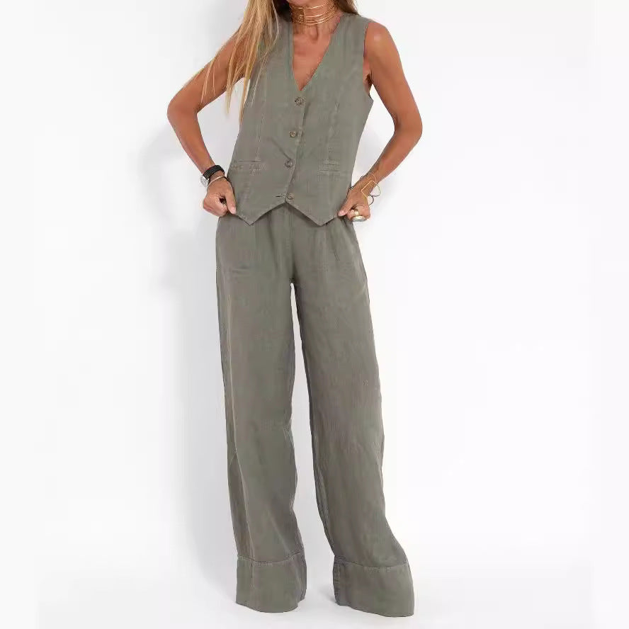2024 European and American cross-border hot sale new fashion vest trousers, collage stitching, pure sleeveless color temperament casual suit