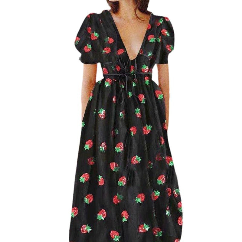 2023 Cross Border Dress French Strawberry Four Color Sequins Sweet Long Skirt Mesh Tie Slim Fit Fashion Dress
