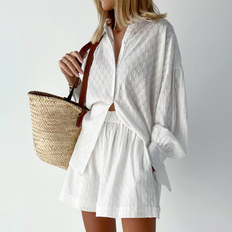 2024 summer women's European and American shirts, jacquard puff sleeves, temperament tops, shorts, commuting design, sense of casual suit