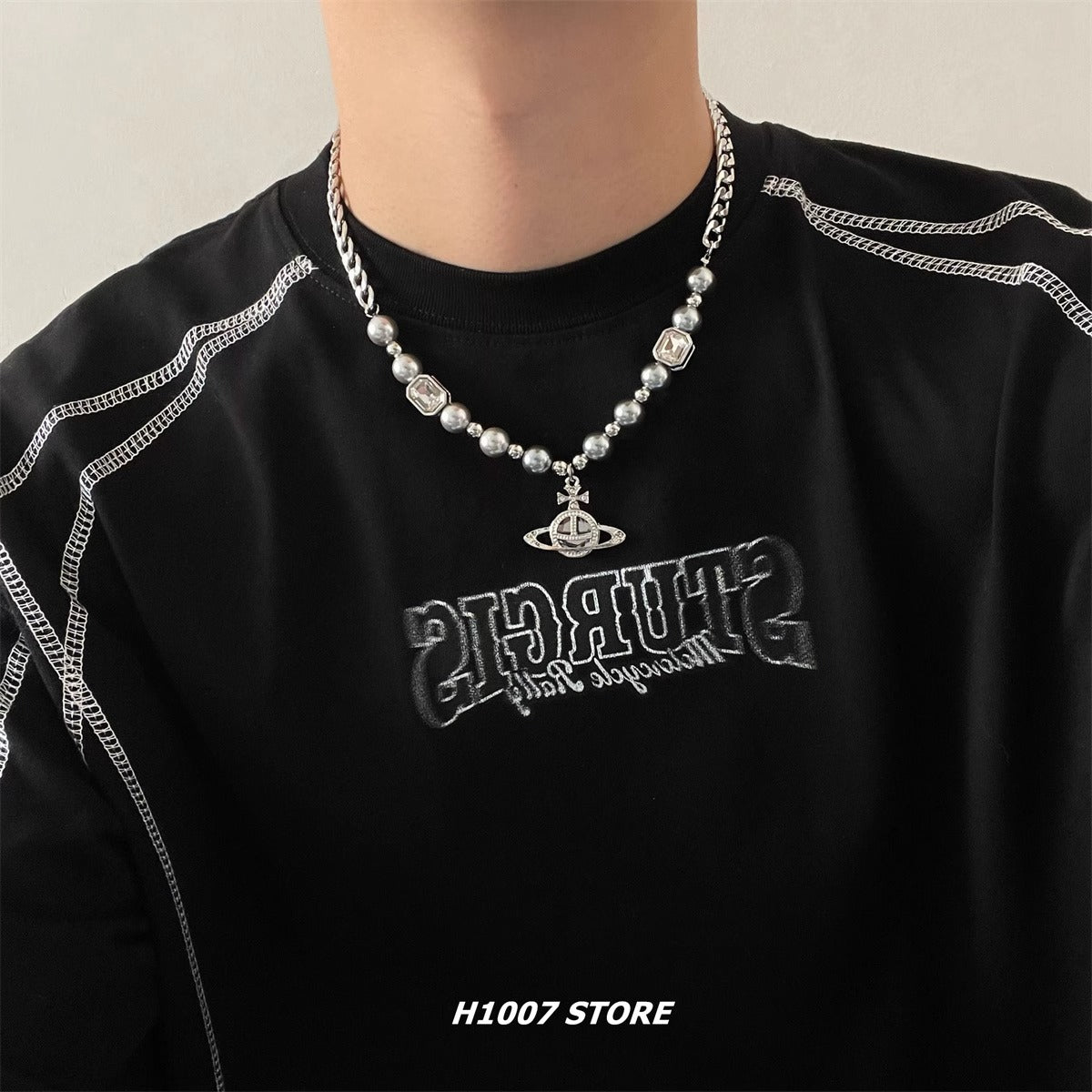Planet beaded stitching men's necklace girls cold style hip hop niche design high-end couple sweater chain