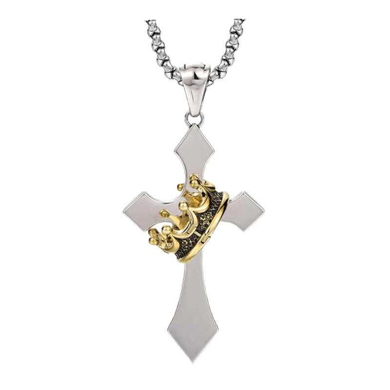 Gold Crown Cross Necklace Men's Trend Personality Vintage Thai Silver Hip Hop Niche Boys Pendant Pendant