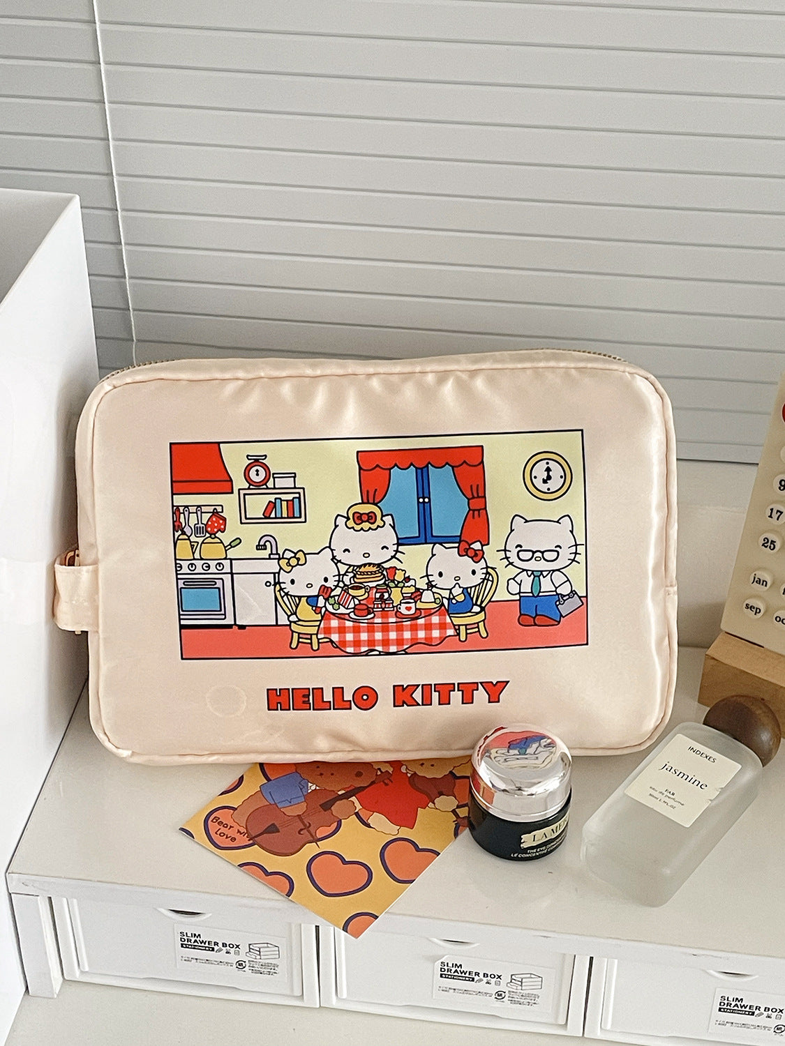 Satin kt cat makeup bag cute cartoon beige print storage bag for travel portable toiletry bag