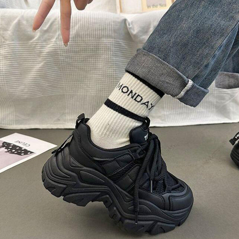 Heightened thick-soled dad shoes women's spring mesh breathable and versatile 2025 new popular Hong Kong style solid color sports women's shoes