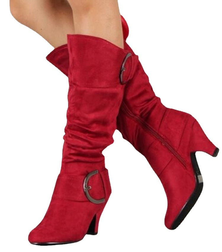 Buckle pleated knee-high boots Fall Winter 2022 suede comfort design heeled boots Plus size women's boots