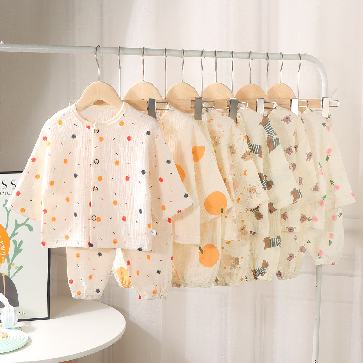 New Spring and Autumn Double Layer Cotton Yarn Set Baby Summer Cartoon Breathable Air Conditioning Clothes Pajamas Children's Close-fitting Loungewear