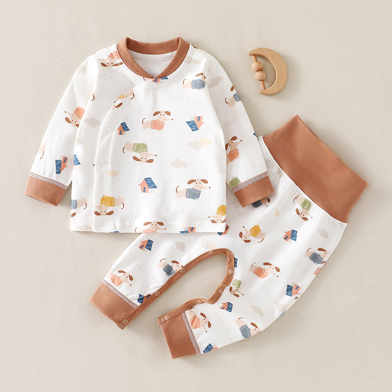 Infant high-waisted suit spring and autumn belly protection two-piece pajamas baby loungewear Class A cotton bottom layer