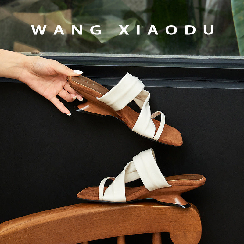 Sheepskin color-blocked retro square toe straight with wedge heel slippers women's summer wear Korean version of open-toe high-heeled sandals