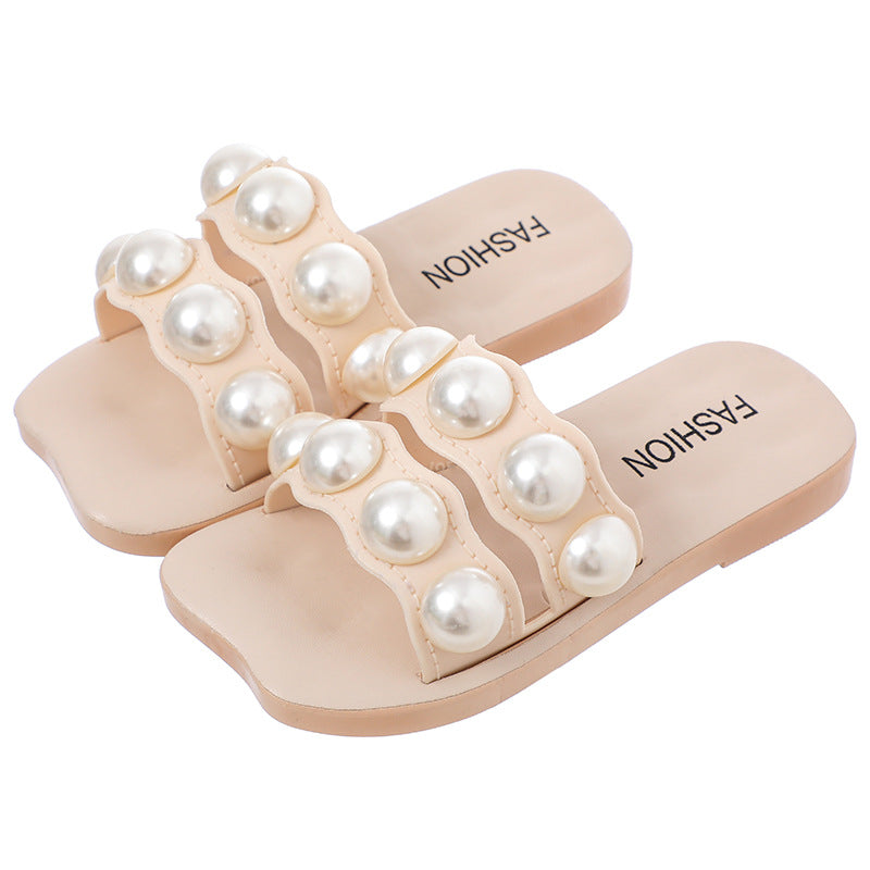 Children's parent-child slippers are worn outdoors in summer, indoor fashion, big pearls, fairy style, soft soles, girls' home, four seasons sandals