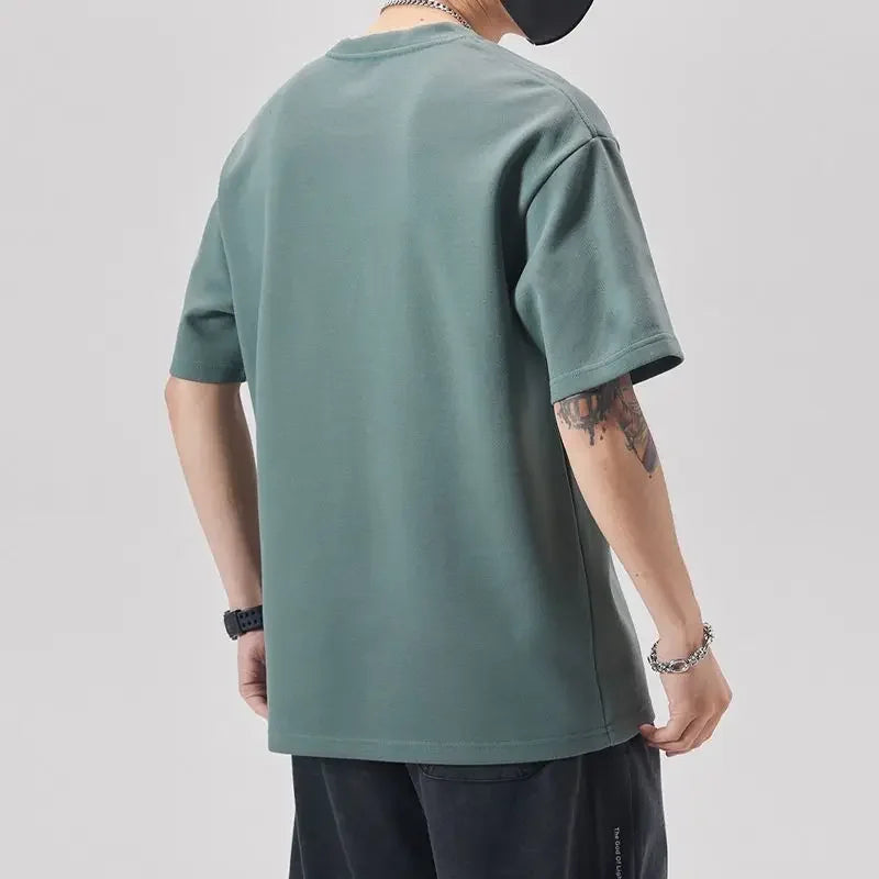 Heavy embroidery piqué cotton t-shirt men's spring summer new trend dropped shoulder short sleeve crew neck loose large size half sleeve shirt Jane