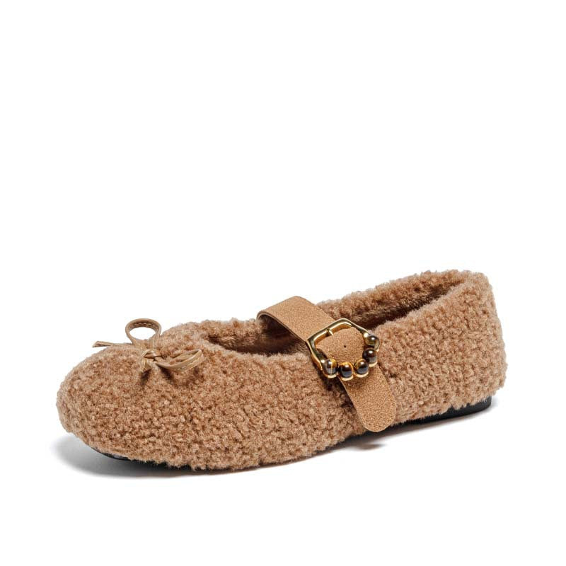 9727 Korean bow cashmere wool shoes women's 2025 autumn and winter new flat one-button Mary Jane shoes