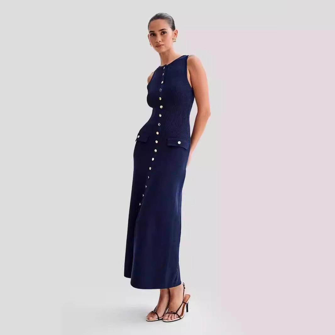 2024 summer new European and American style temperament sleeveless round neck slim knit dress