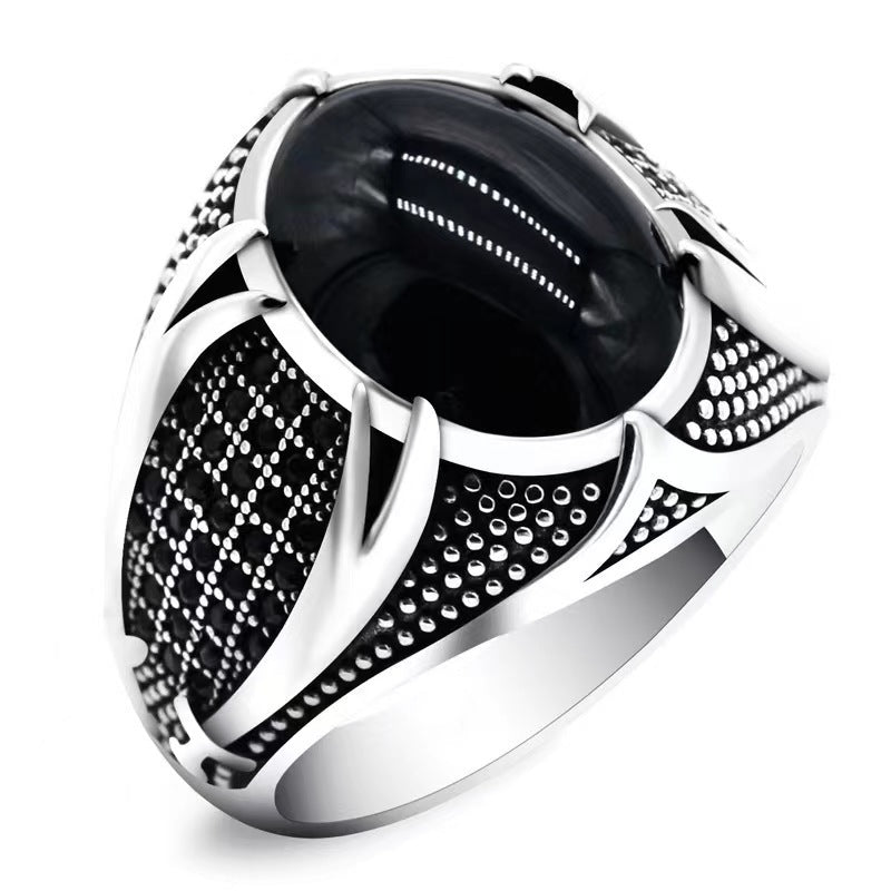 Cross-border new supply of European and American personality retro two-color men's rings foreign trade black agate rings wholesale