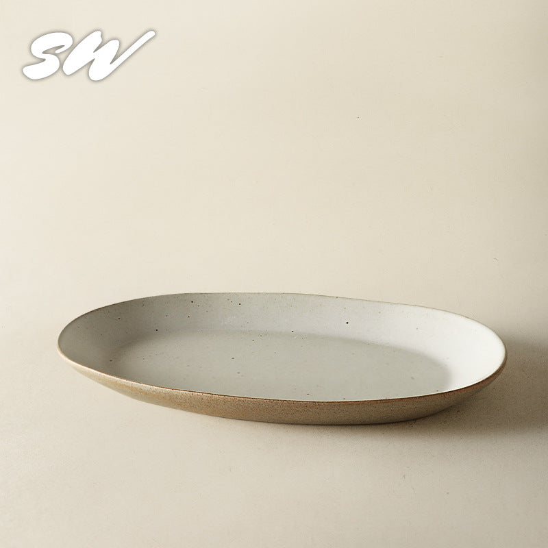 Sanmist Vintage Flat Plate Ceramic Oval Plate Creative Home Premium Vegetable Plate Fish Plate Restaurant Steak Tableware