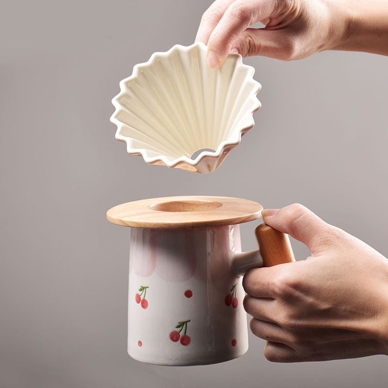 High-value hand-painted pink ceramic wooden handle hand pour-over grinder coffee set origami small V60 coffee filter cup