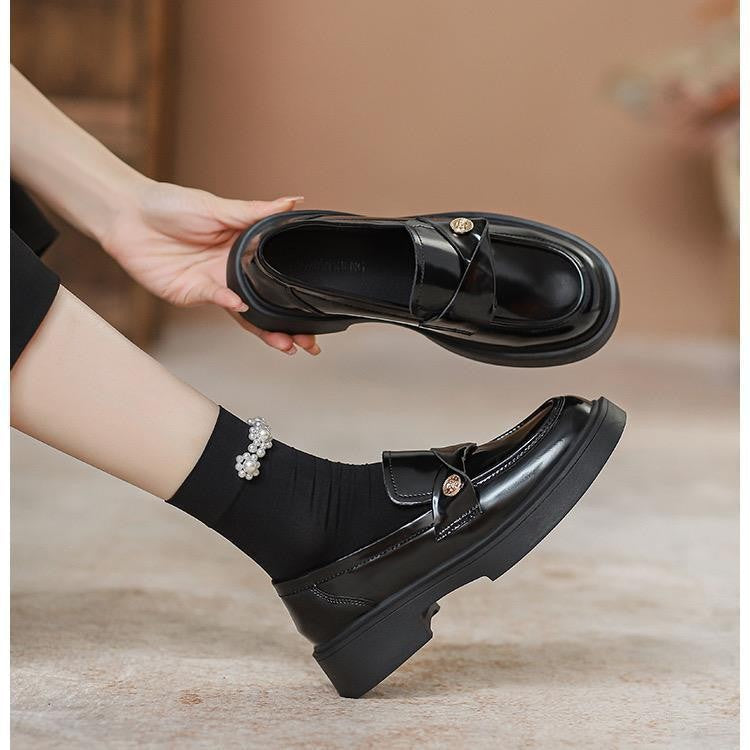 French gold coin loafers, women's British style 2024 spring and autumn new platform block heels, one foot slip small leather shoes