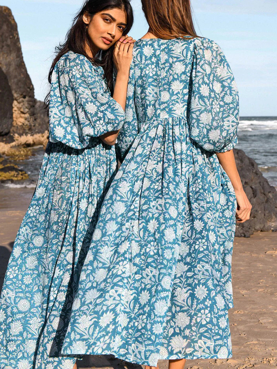 Amazon AliExpress cross-border hot selling personality literary and artistic European and American style people cotton floral fashion printed dress