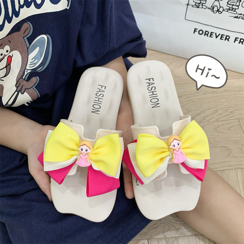 Summer Girls Slippers New Girls Breathable Princess Shoes Soft Sole Non Slip Bow Bow Kids Wear Beach Flip Flops Outside