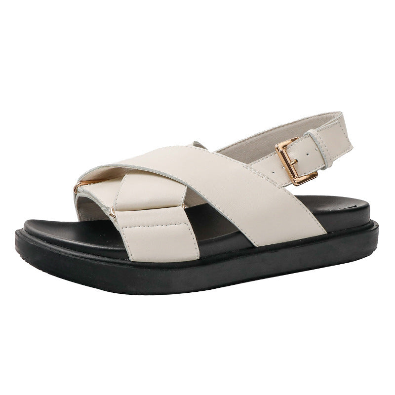 Sheepskin version ~ denim cross platform Roman sandals women wear retro open-toe genuine leather muffin sandals in summer