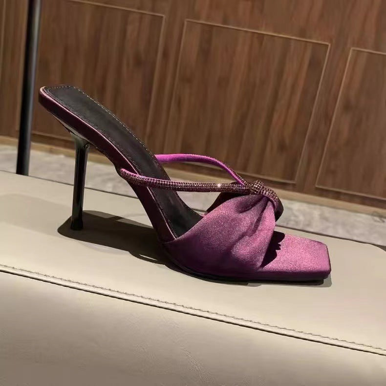 Poplar Forest with purple satin rhinestone stiletto slippers women's new temperament square toe crossed strap sandals