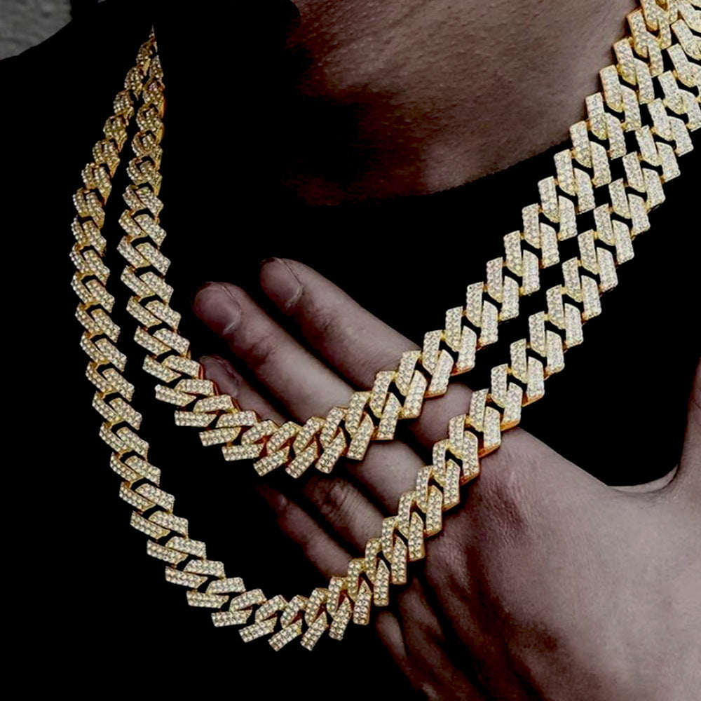 European and American alloy long double row full of diamonds Cuban chain men's hip hop line jewelry necklace wholesale bracelet women