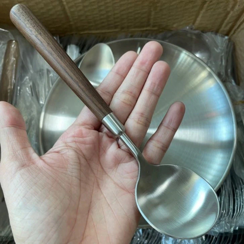 Retro imitation walnut spoon brushed western tableware stainless steel round head soup spoon spoon household japanese dinner spoon wholesale