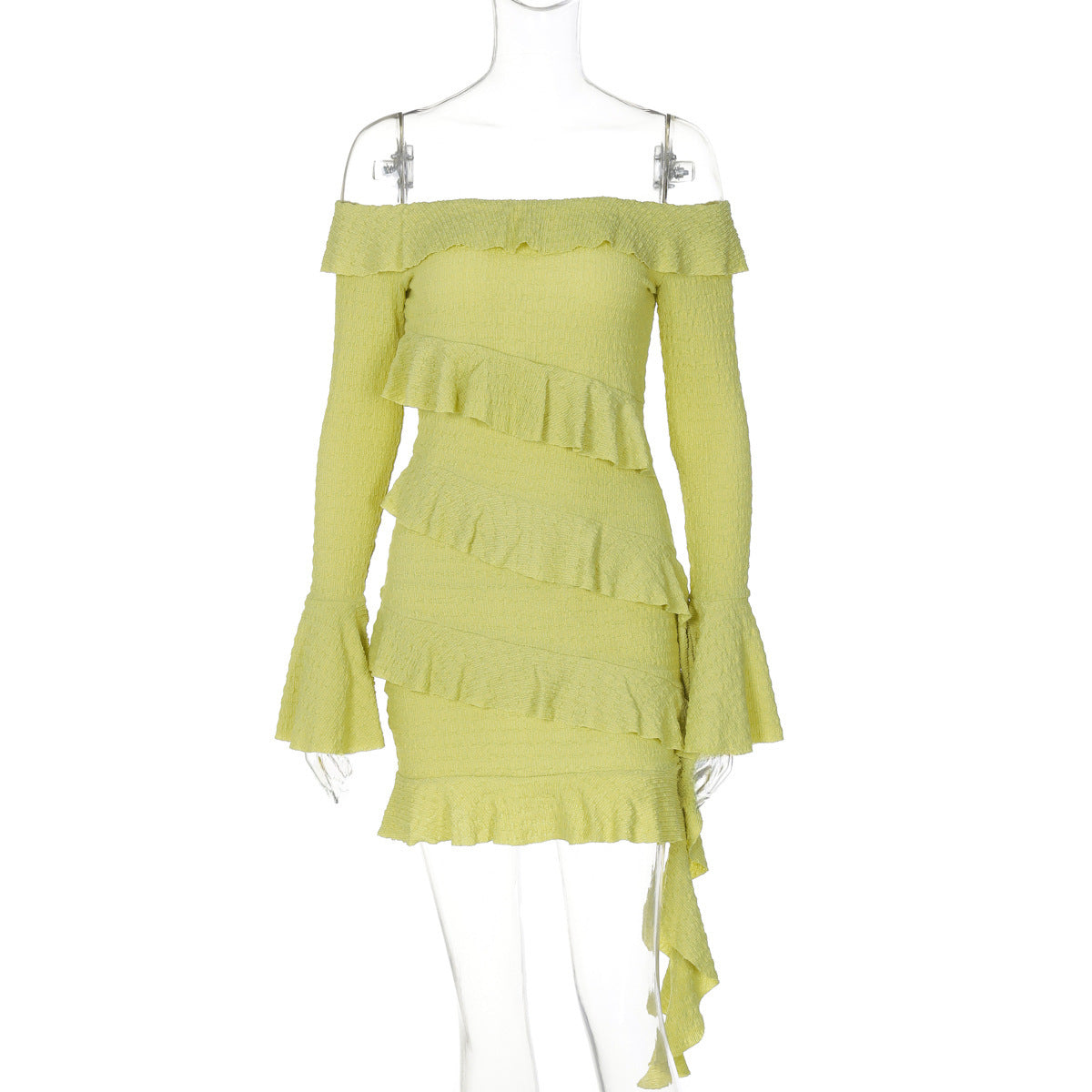 Europe and the United States hot sale 2024 autumn new products fashion straight shoulder ruffle bell sleeve streamer dress foreign trade wholesale