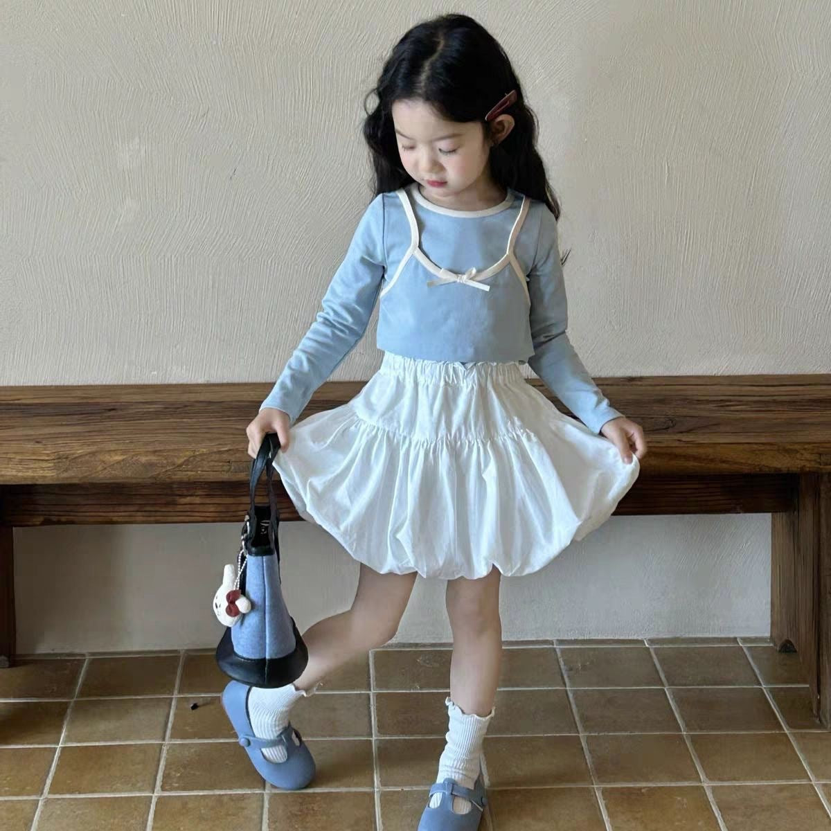 Girls' spring suit skirt 2025 new foreign style children's fake two-piece top skirt two-piece set baby spring and autumn