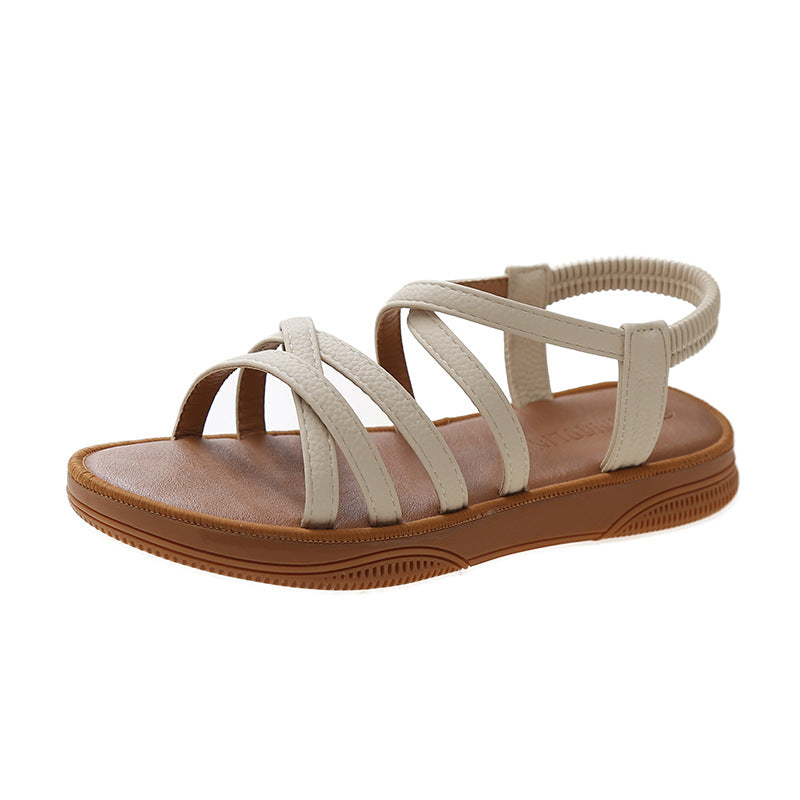 Upgraded new roman sandals women's flat elastic band soft soled summer sandals women's crossover strap wear sandals