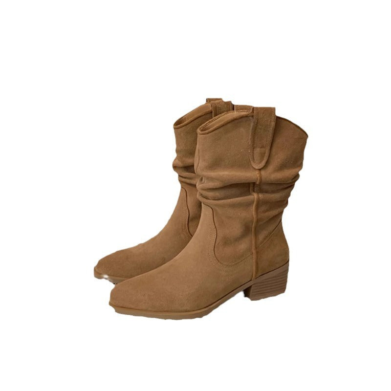 Boots women's mid-cut rider boots 2024 new martin shoes women's pointed toe block heel heeled boots look thin pile pile boots