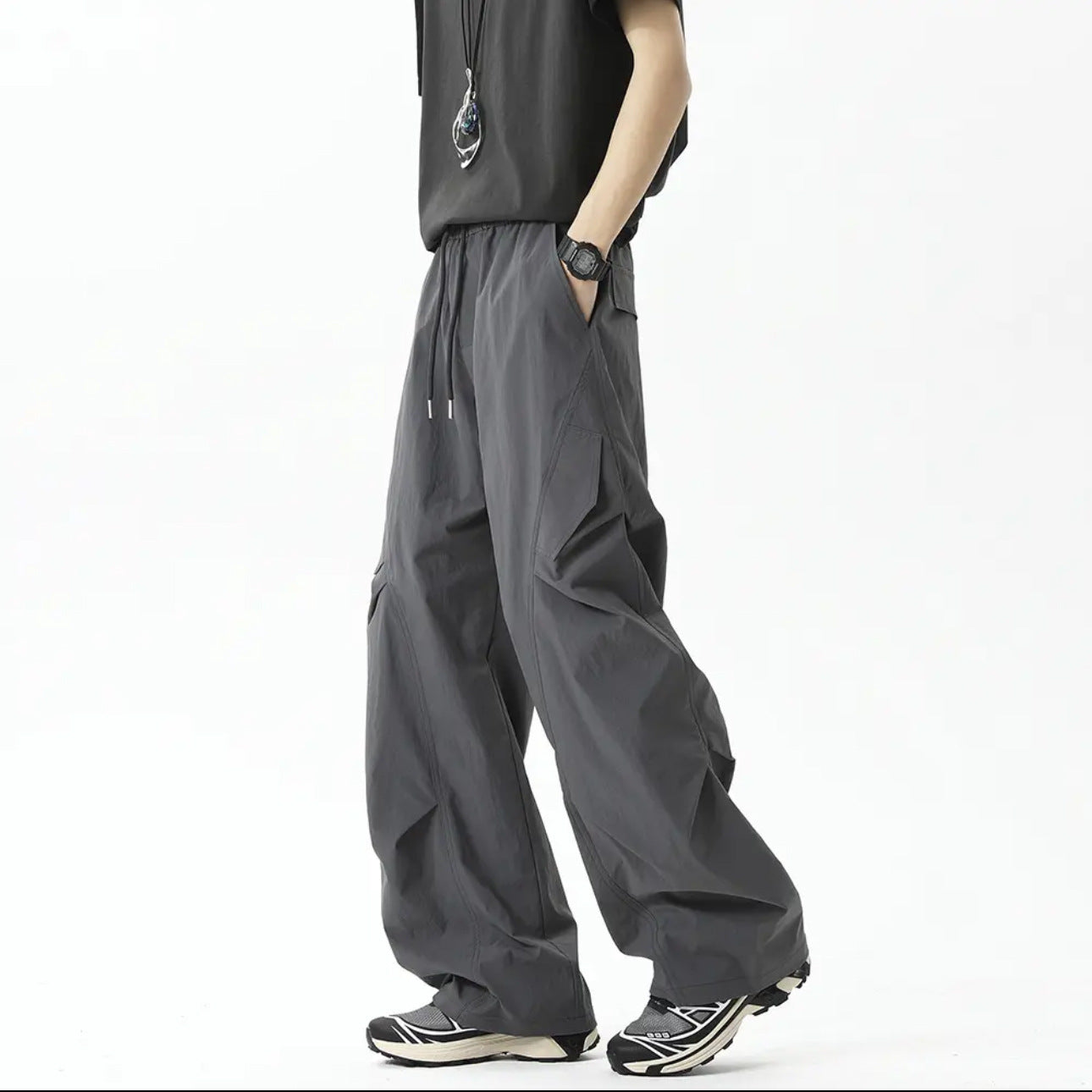 Summer thin casual ice silk cargo pants men's trend design sense is versatile, loose and breathable, American high street trousers