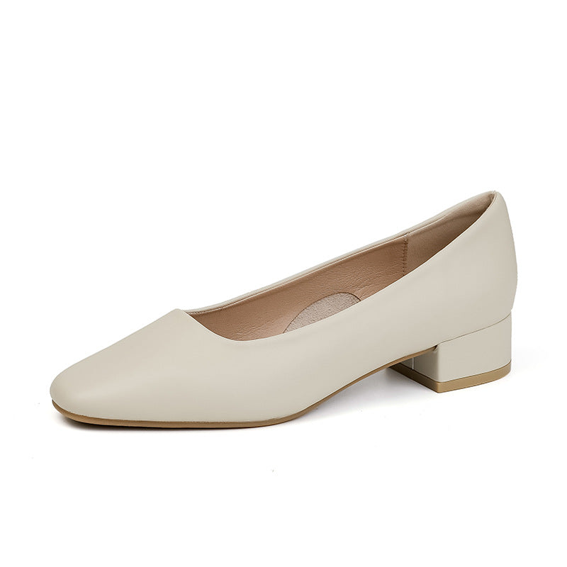 Leather pumps, women's block heels, spring and autumn new versatile square toe medium heel granny shoes, commuter work shoes