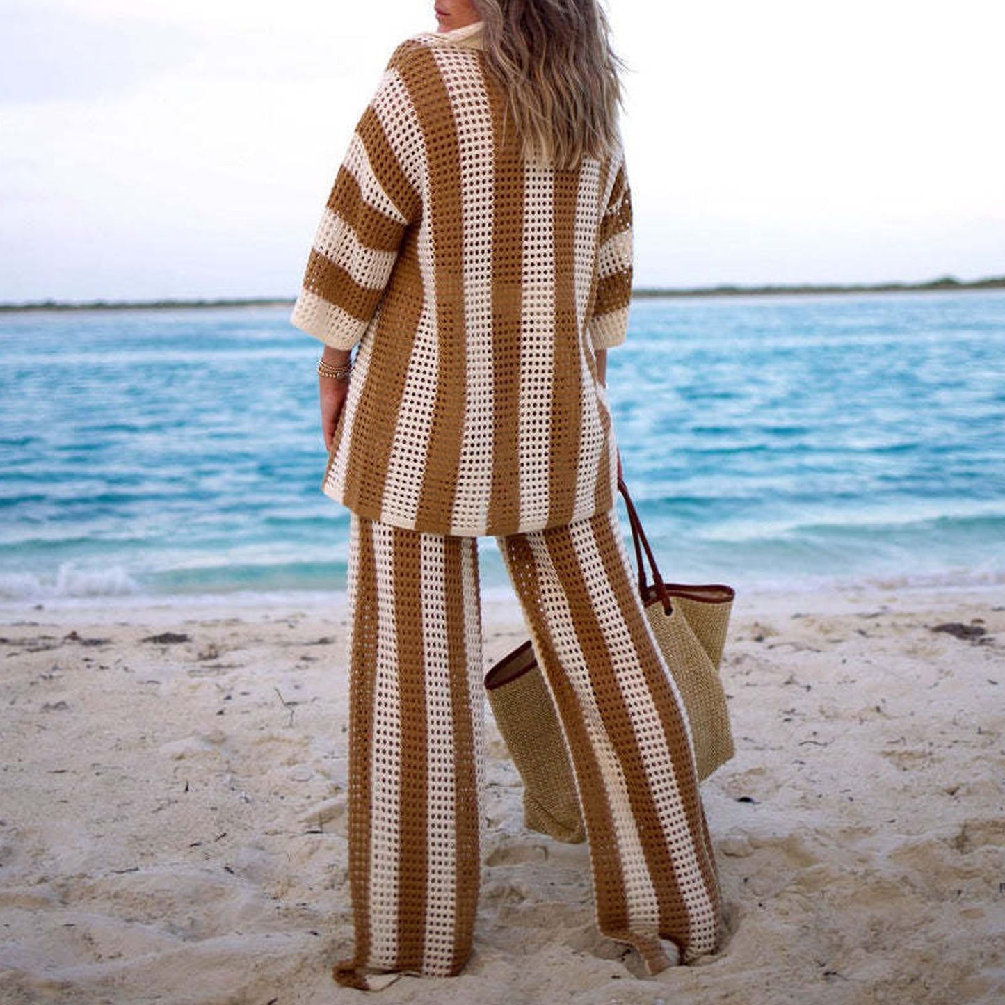 Summer European and American Women's Amazon 2024 Fashion V-Neck Cutout Striped Shirt Loose Knit Wide-leg Pants Set