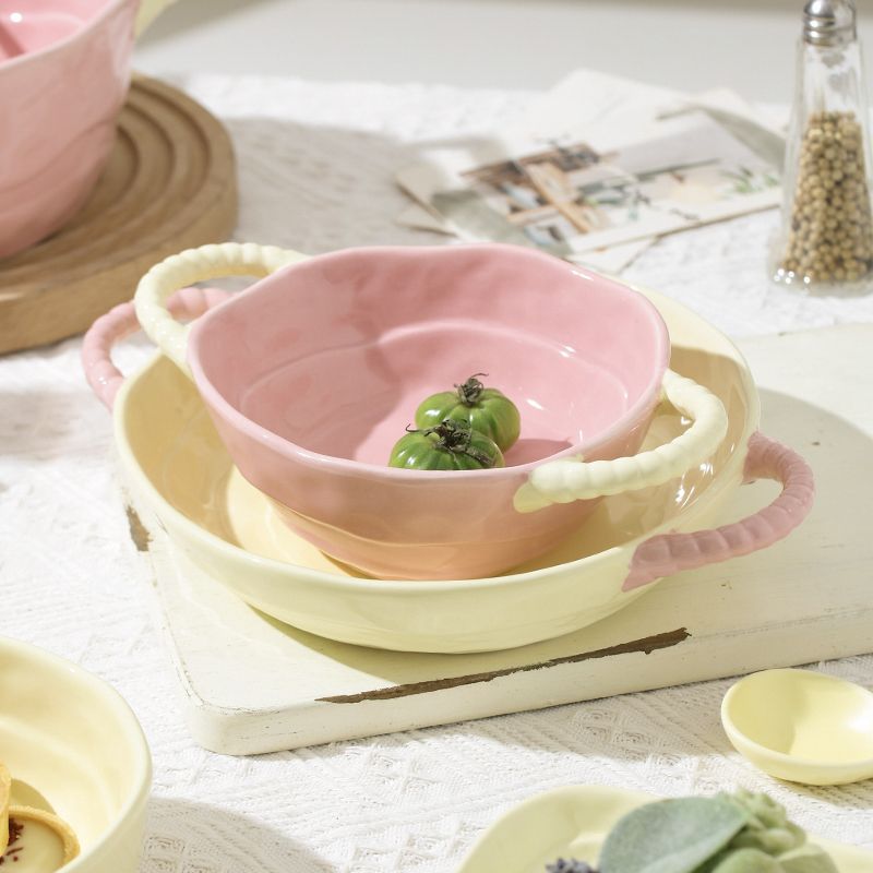 ins color-blocked ceramic handle bowl baking bowl with handle instant noodle bowl with handle atmosphere sense of high value salad fruit yogurt bowl