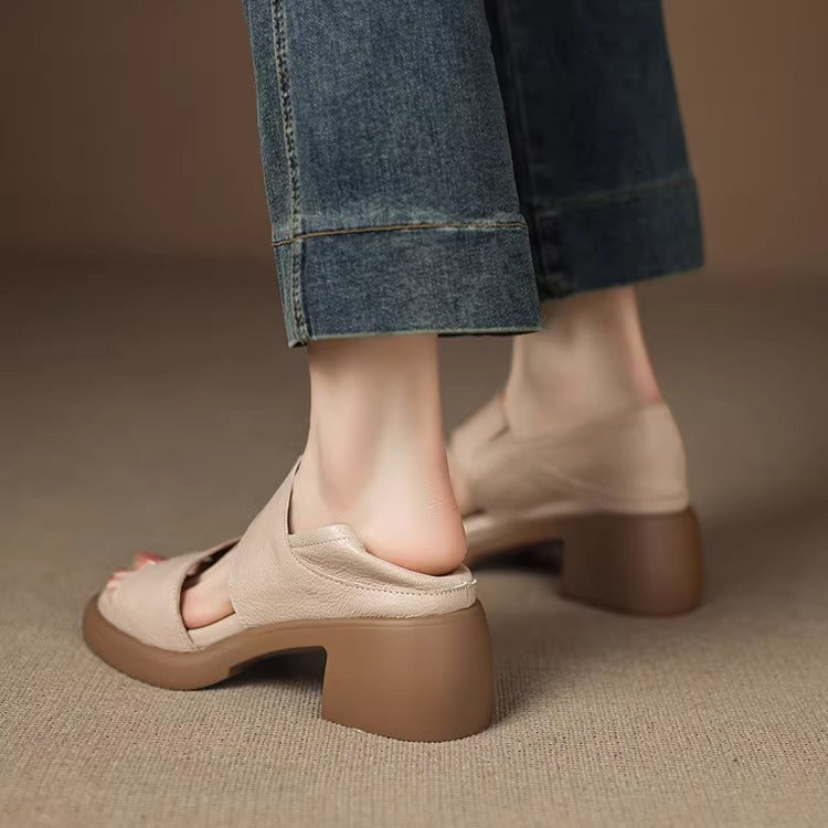 Soft leather version ~ 6cm ultra-soft leather soft sole with fish mouth sandals for women wearing block heels and high heels Roman shoes in summer