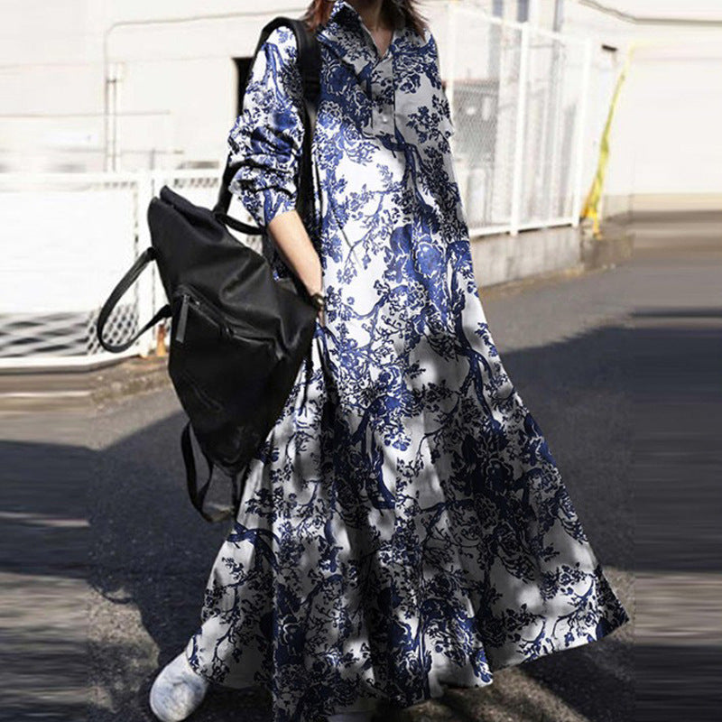 Large size women's Amazon autumn print cotton linen dress vintage ethnic style dress loose long sleeve swing skirt