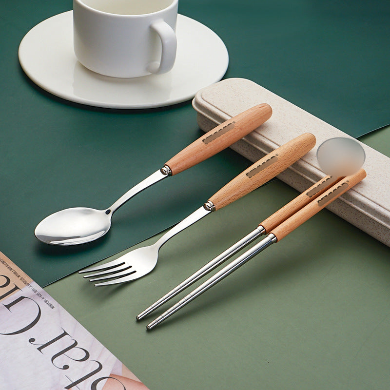 Creative Japanese Wooden Handle Tableware, Stainless Steel Spoon, Fork, Chopsticks Three-Piece Set Starba Goddess Portable Cloth Bag Set Hot Sale