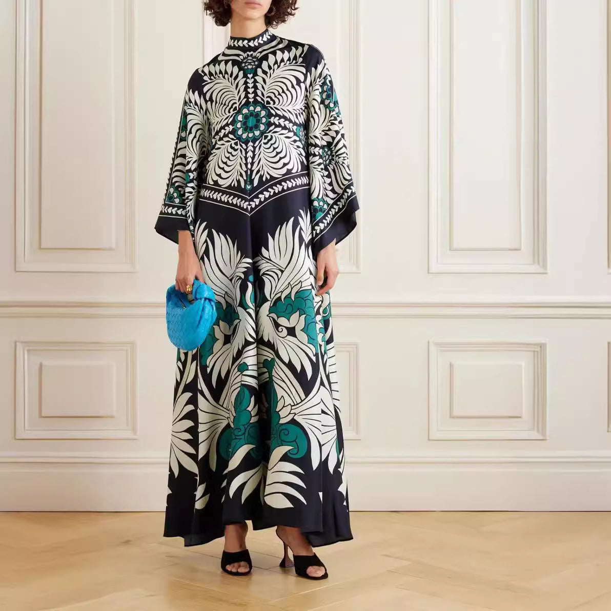 Cross-border foreign trade independent station Amazon Europe and the United States new summer print three-quarter sleeve stand-up collar dress