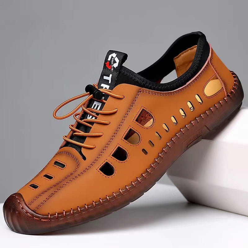 Men's Shoes, Cow Tendon Sole Leather Shoes, Men's Genuine Leather, Business Casual Cut-out Sandals, Men's Non-slip Driving Shoes, Hole Leather Shoes