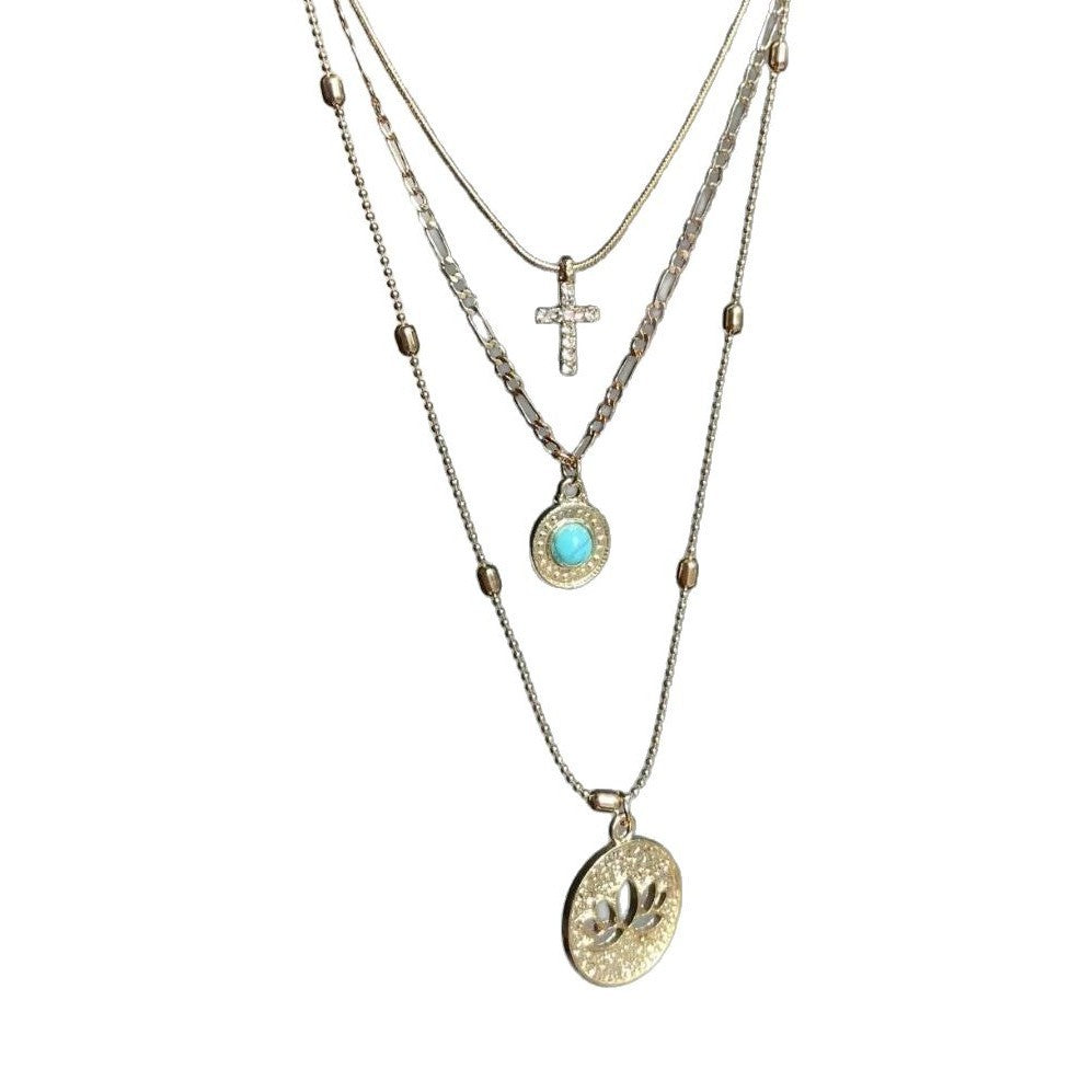 Retro hollow flower cross necklace, sweet cool style, light luxury, luxury, luxury, multi-layered clavicle chain feeling