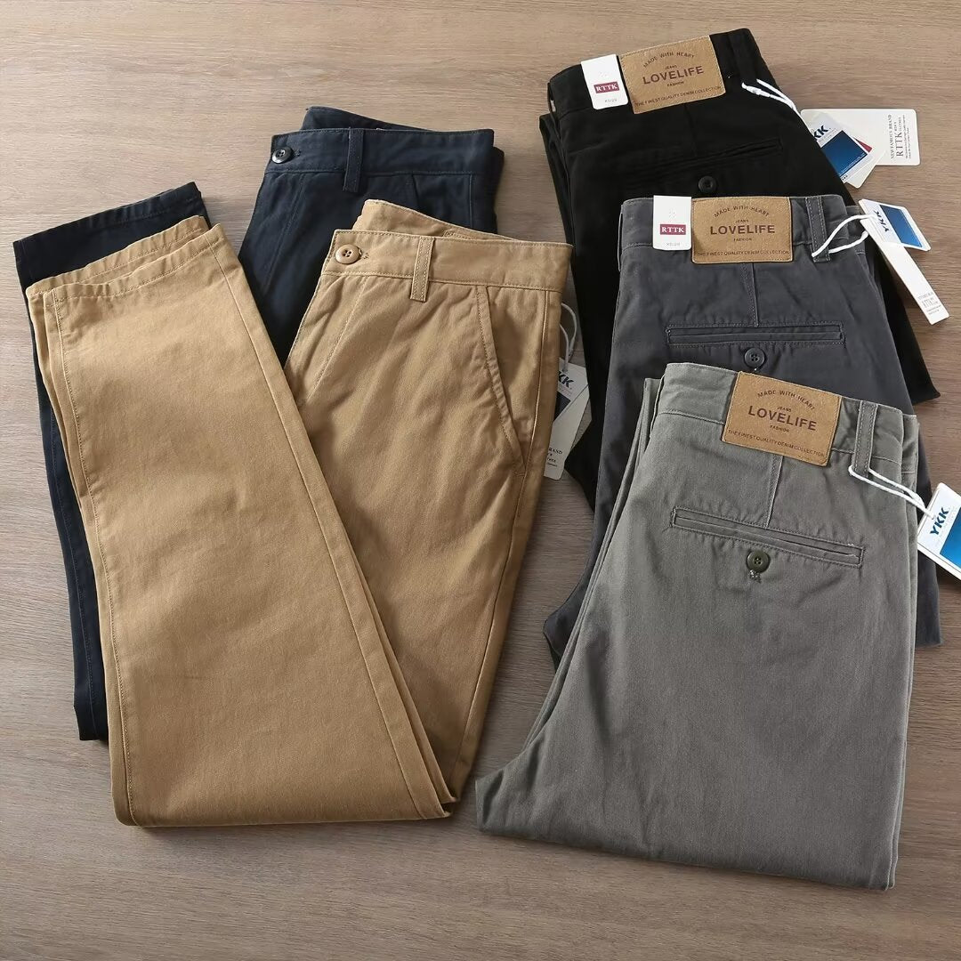Thick heavy casual trousers men's spring and autumn cotton slim small straight pants American stiff wash men's pants tide