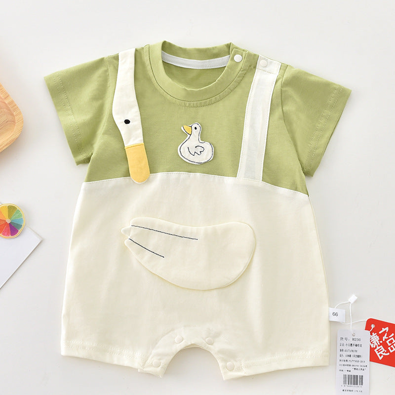 Newborn super cute summer clothes, baby thin onesies, full moon 100 days, fashion short-sleeved swan shoulder buckles, out of climbing clothes