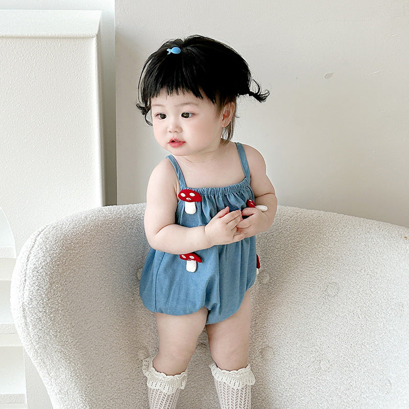 2025 summer new crawling clothes baby small sling thin onesie 5215 newborn baby girl mushroom wrap fart suit
