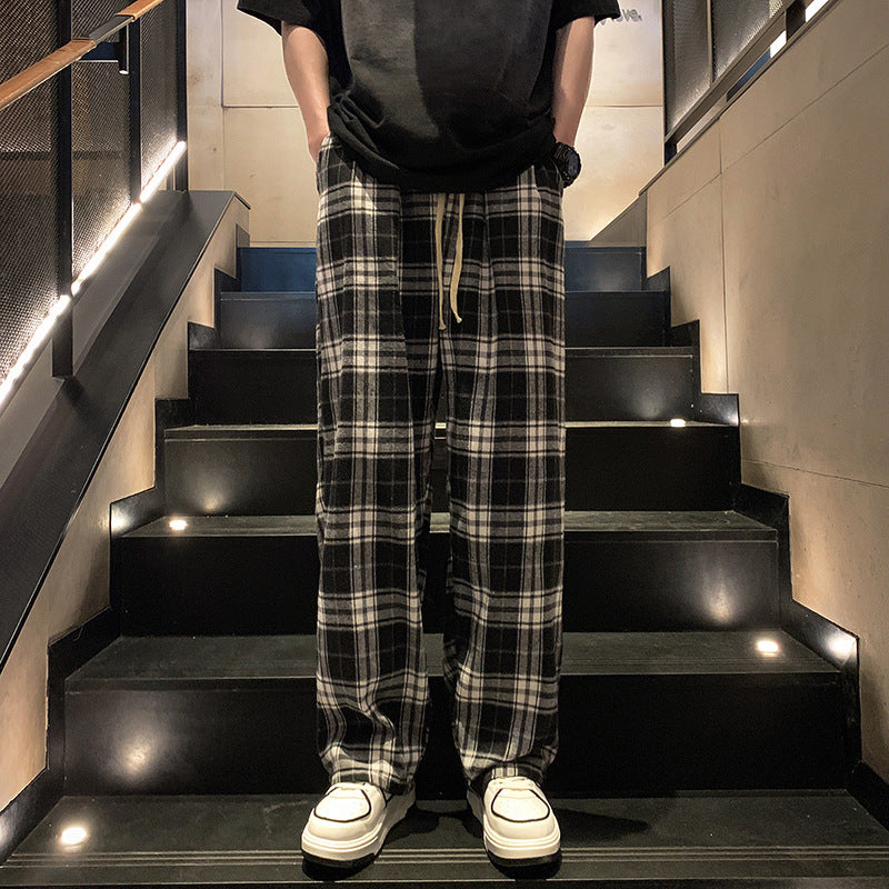 Handsome plaid pants men's summer Japanese lazy retro loose large size trendy brand casual sports wide-leg mop pants