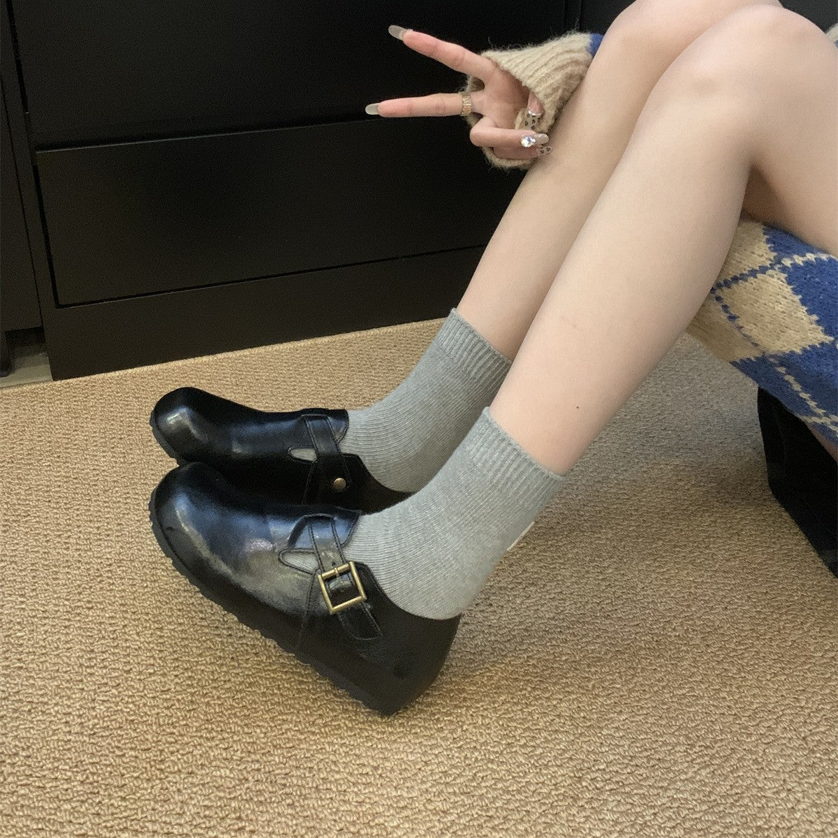 Thick-soled BirkenstocksWomen's ShoesWrap-toe-Semi-SlippersWear Fall/Winter 2024 Black Small Leather ShoesBoken Shoes