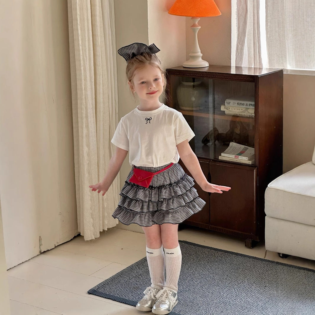 Girls' culottes and pants set 2025 summer new children's embroidered bow T-shirt baby plaid shorts two-piece set